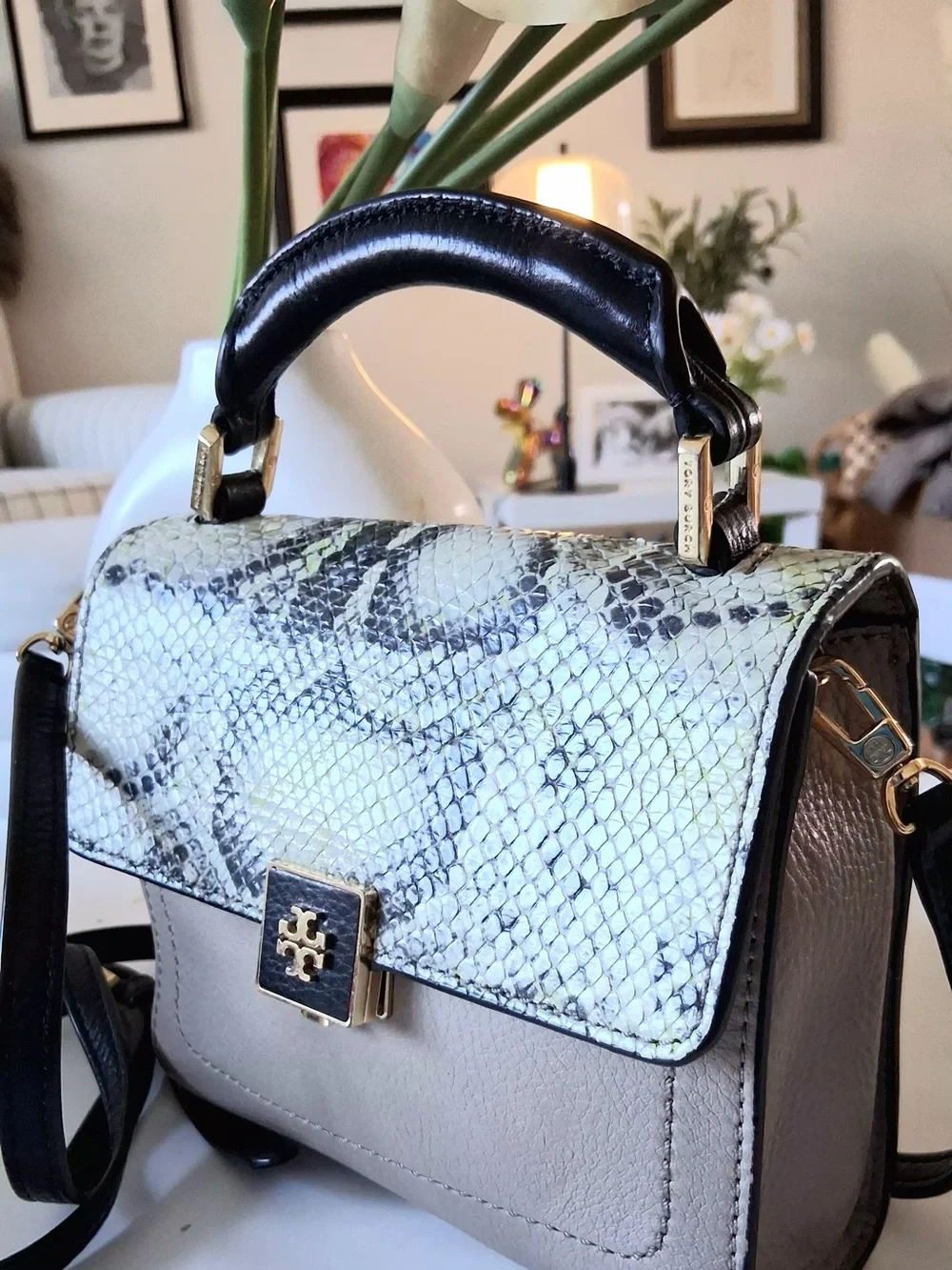 TORY BURCH MIINI TOP HANDLE CROSSBODY SNAKE LEATHER BAG